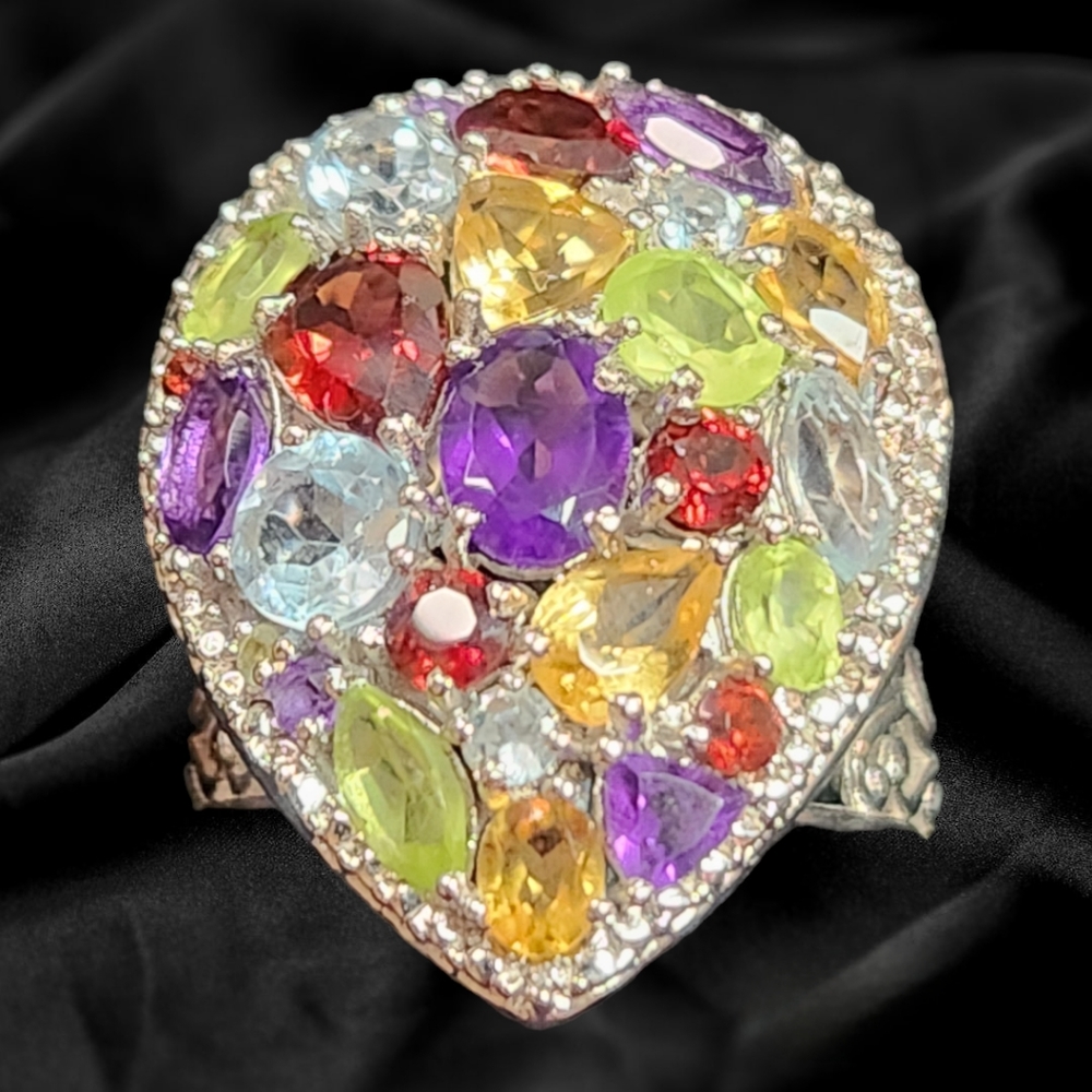 NWT ONE OF A KIND MULTI GEMSTONE RING IN PLATINUM OVER STERLING SILVER SZ 8.0